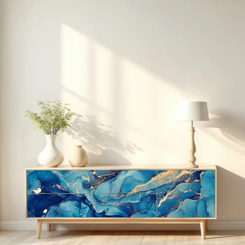 Naklejka repozycjonowalna oceaniczny błękit i złote zawirowania – Wallissimo® Naklejka repozycjonowalna oceaniczny błękit i złote zawirowania – Wallissimo®