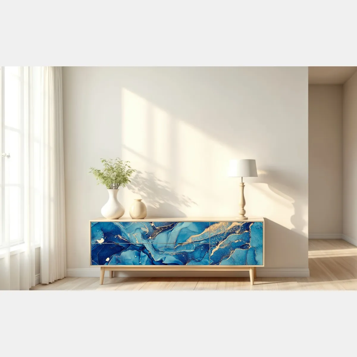 Naklejka repozycjonowalna oceaniczny błękit i złote zawirowania – Wallissimo® Naklejka repozycjonowalna oceaniczny błękit i złote zawirowania – Wallissimo®