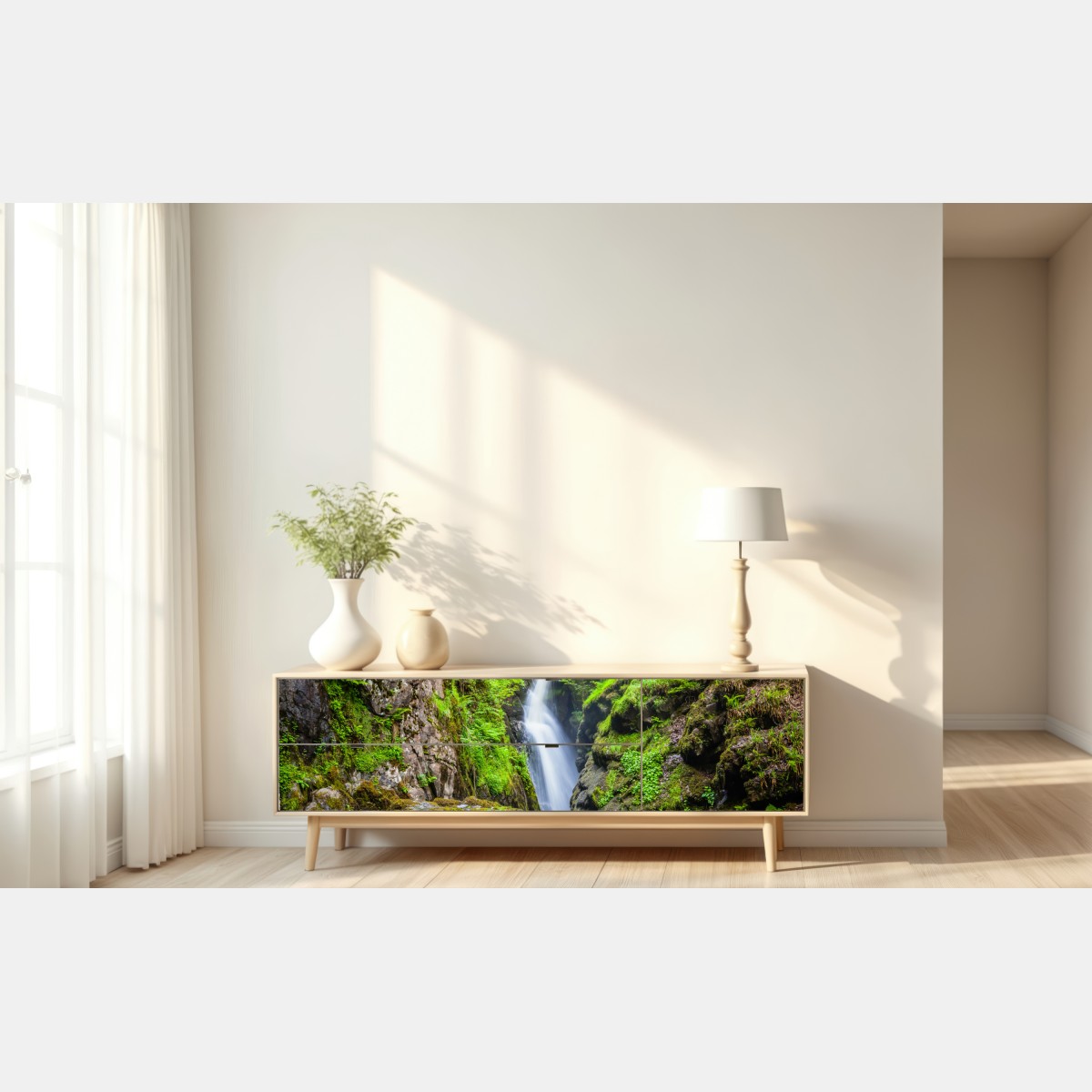 Naklejka repozycjonowalna wodospad w mchem porośniętym wąwozie z kamiennym mostem – Wallissimo® Naklejka repozycjonowalna wodospad w mchem porośniętym wąwozie z kamiennym mostem – Wallissimo®