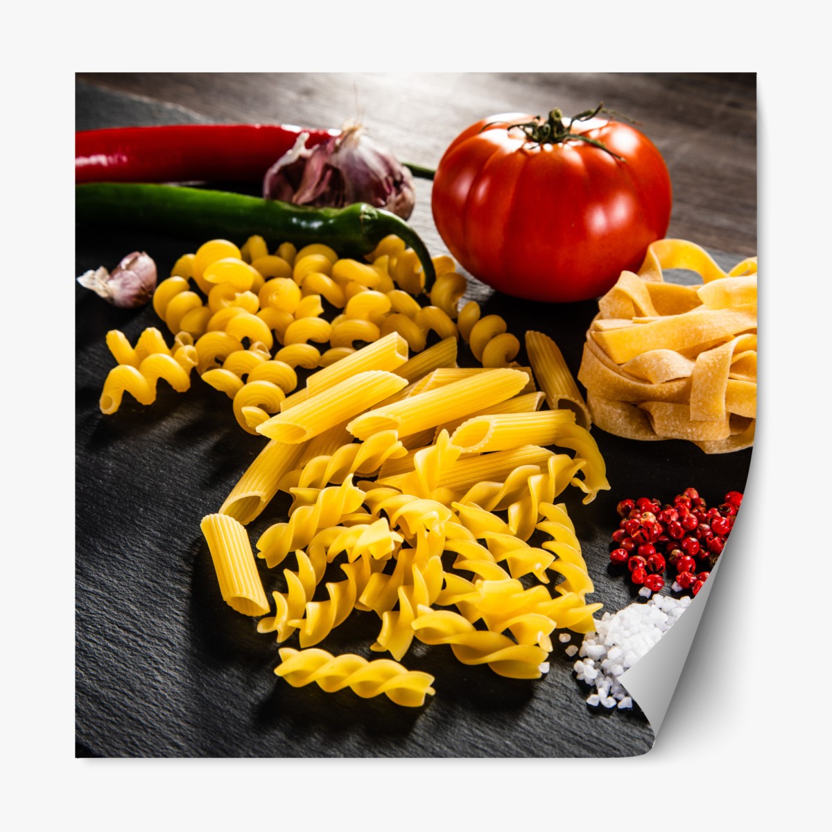 Repositionable sticker assorted dry pasta and fresh ingredients