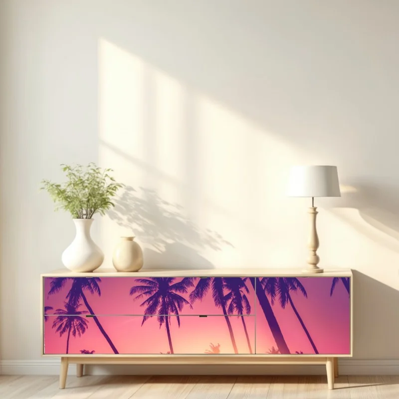 Naklejka repozycjonowalna tropikalny zachód słońca z palmami – Wallissimo® Naklejka repozycjonowalna tropikalny zachód słońca z palmami – Wallissimo®