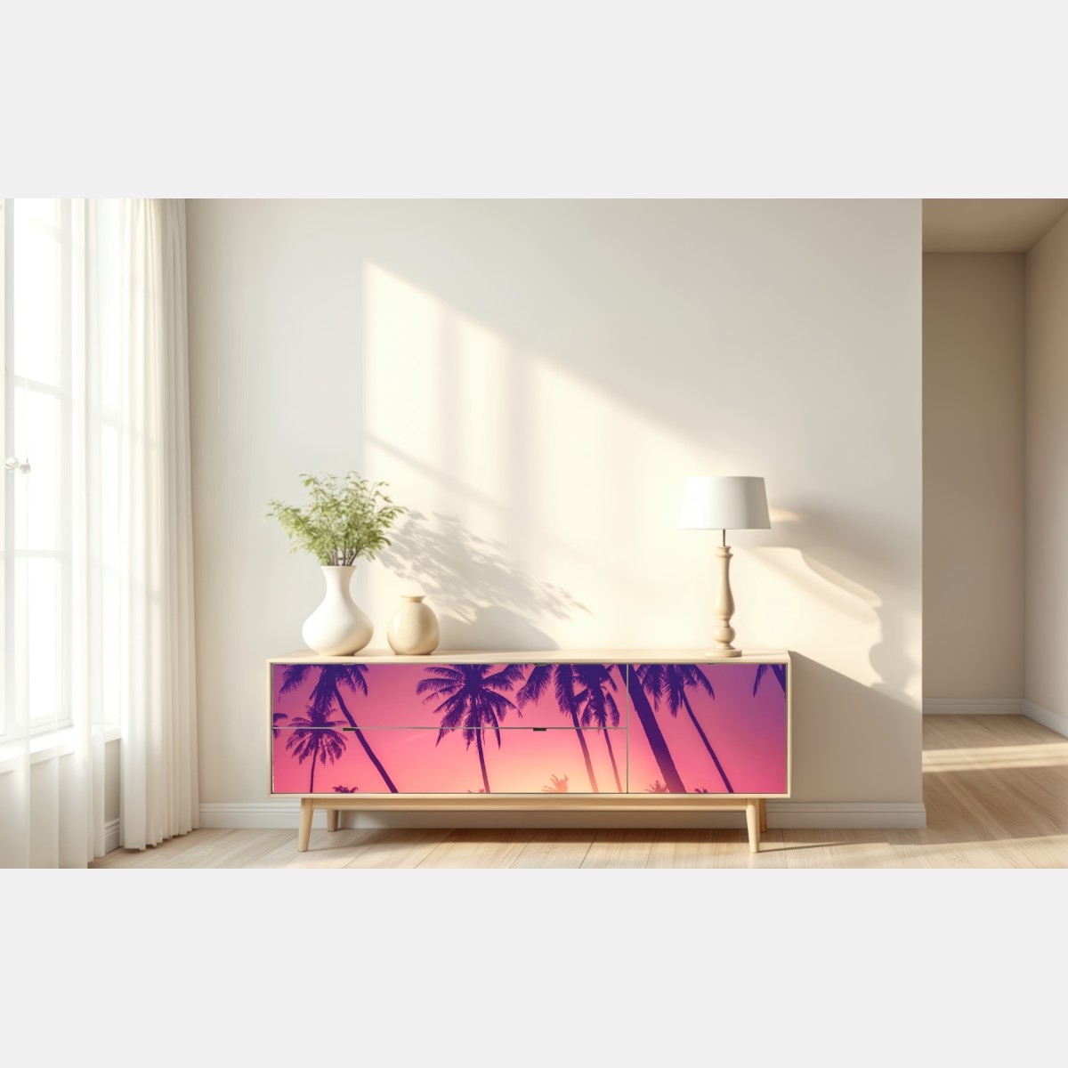 Naklejka repozycjonowalna tropikalny zachód słońca z palmami – Wallissimo® Naklejka repozycjonowalna tropikalny zachód słońca z palmami – Wallissimo®