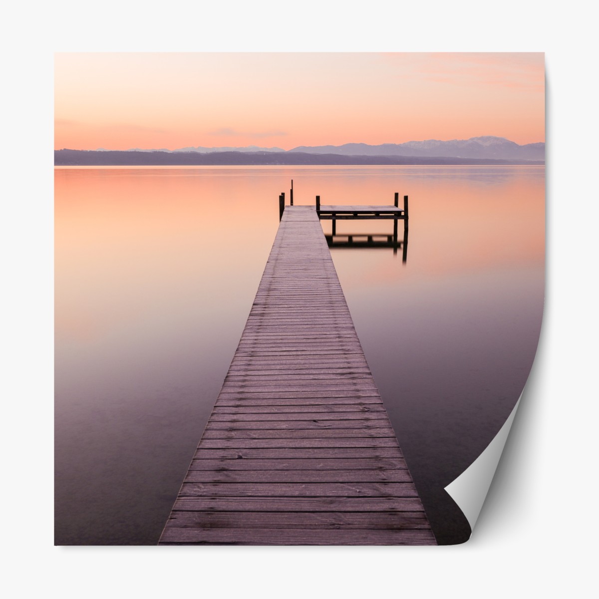 Repositionable sticker tranquil pier at sunrise over pastel lake