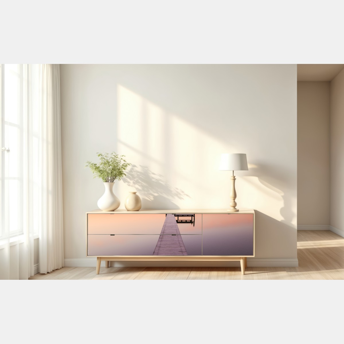 Naklejka repozycjonowalna spokojne molo o wschodzie nad pastelowym jeziorem – Wallissimo® Naklejka repozycjonowalna spokojne molo o wschodzie nad pastelowym jeziorem – Wallissimo®