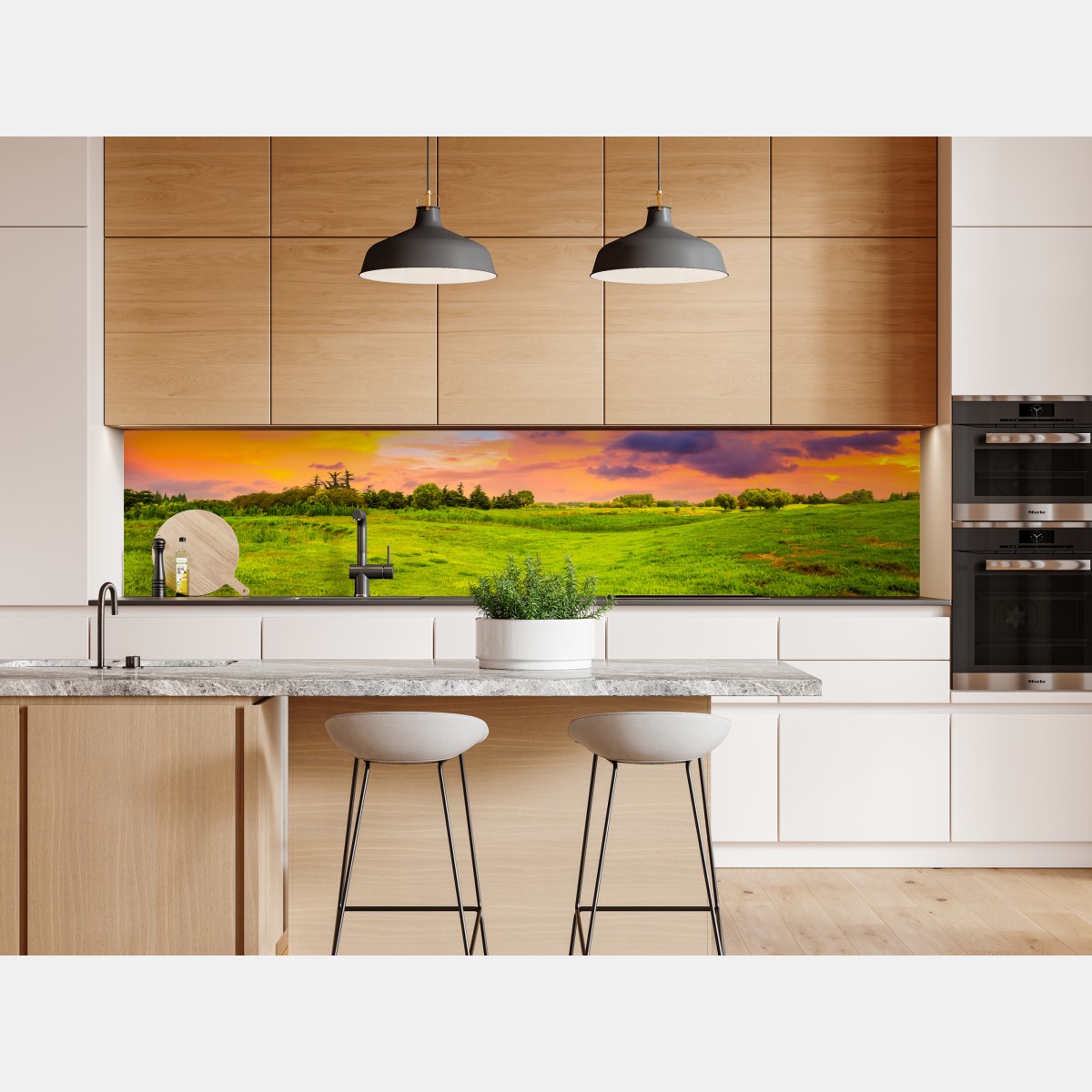 Naklejka repozycjonowalna zachód słońca nad zieloną łąką – Wallissimo® Naklejka repozycjonowalna zachód słońca nad zieloną łąką – Wallissimo®