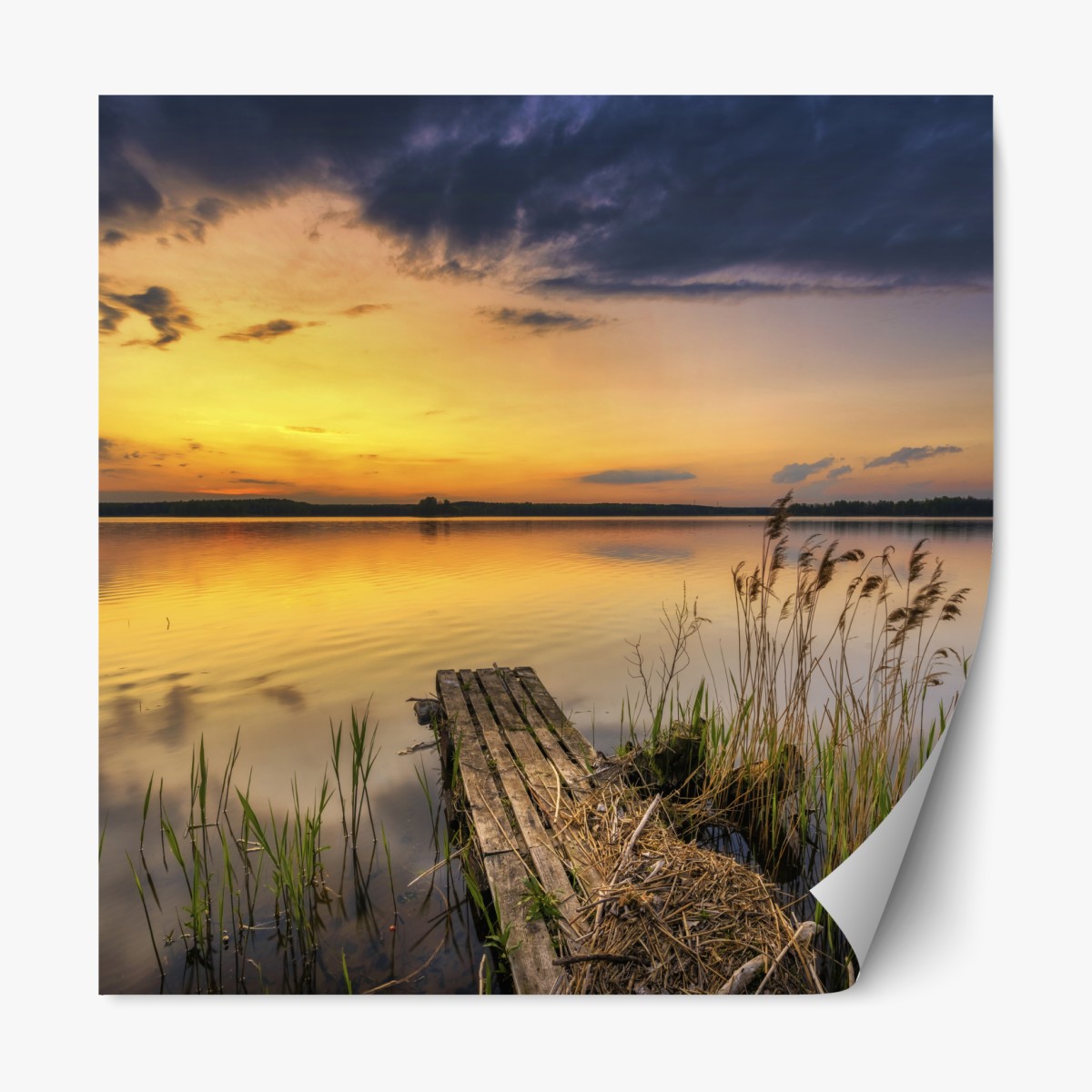 Repositionable sticker golden lake sunset over a quiet dock