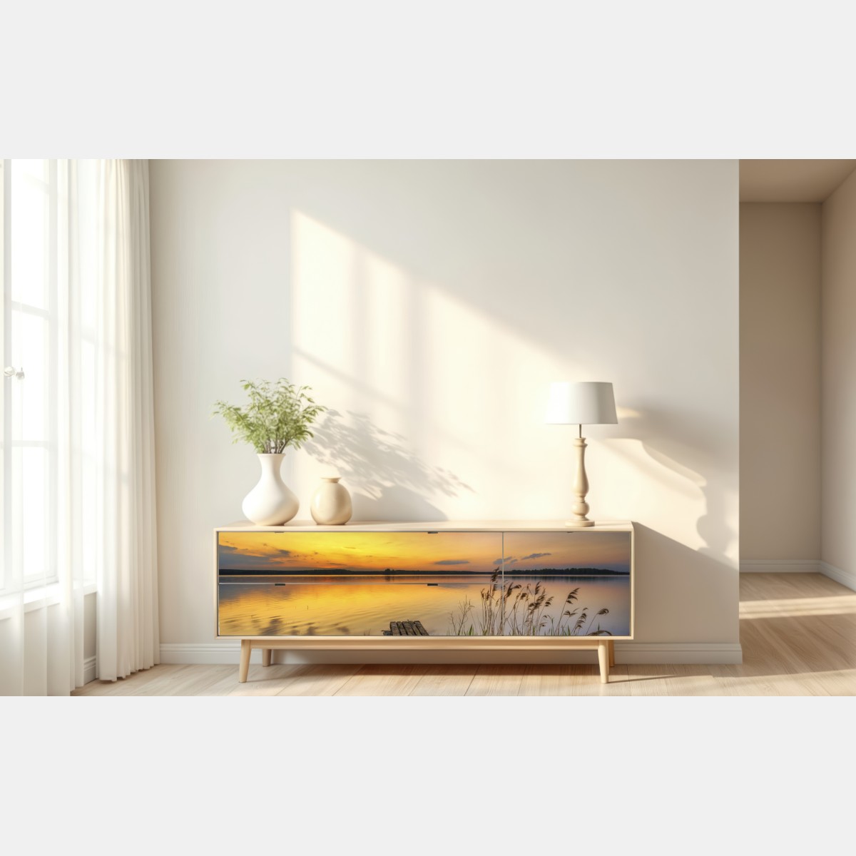 Naklejka repozycjonowalna złoty zachód słońca nad jeziorem – Wallissimo® Naklejka repozycjonowalna złoty zachód słońca nad jeziorem – Wallissimo®