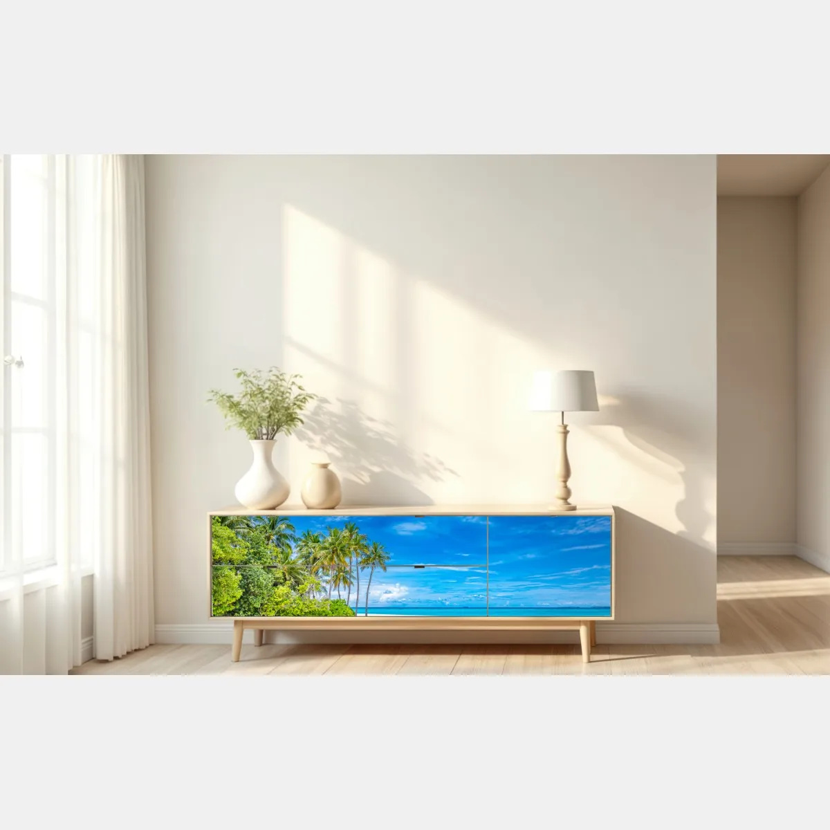 Naklejka repozycjonowalna tropikalna plaża z palmami – Wallissimo® Naklejka repozycjonowalna tropikalna plaża z palmami – Wallissimo®