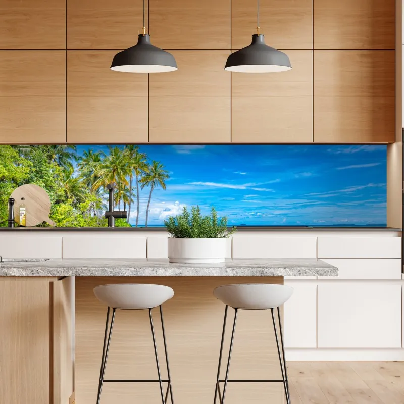 Naklejka repozycjonowalna tropikalna plaża z palmami – Wallissimo® Naklejka repozycjonowalna tropikalna plaża z palmami – Wallissimo®