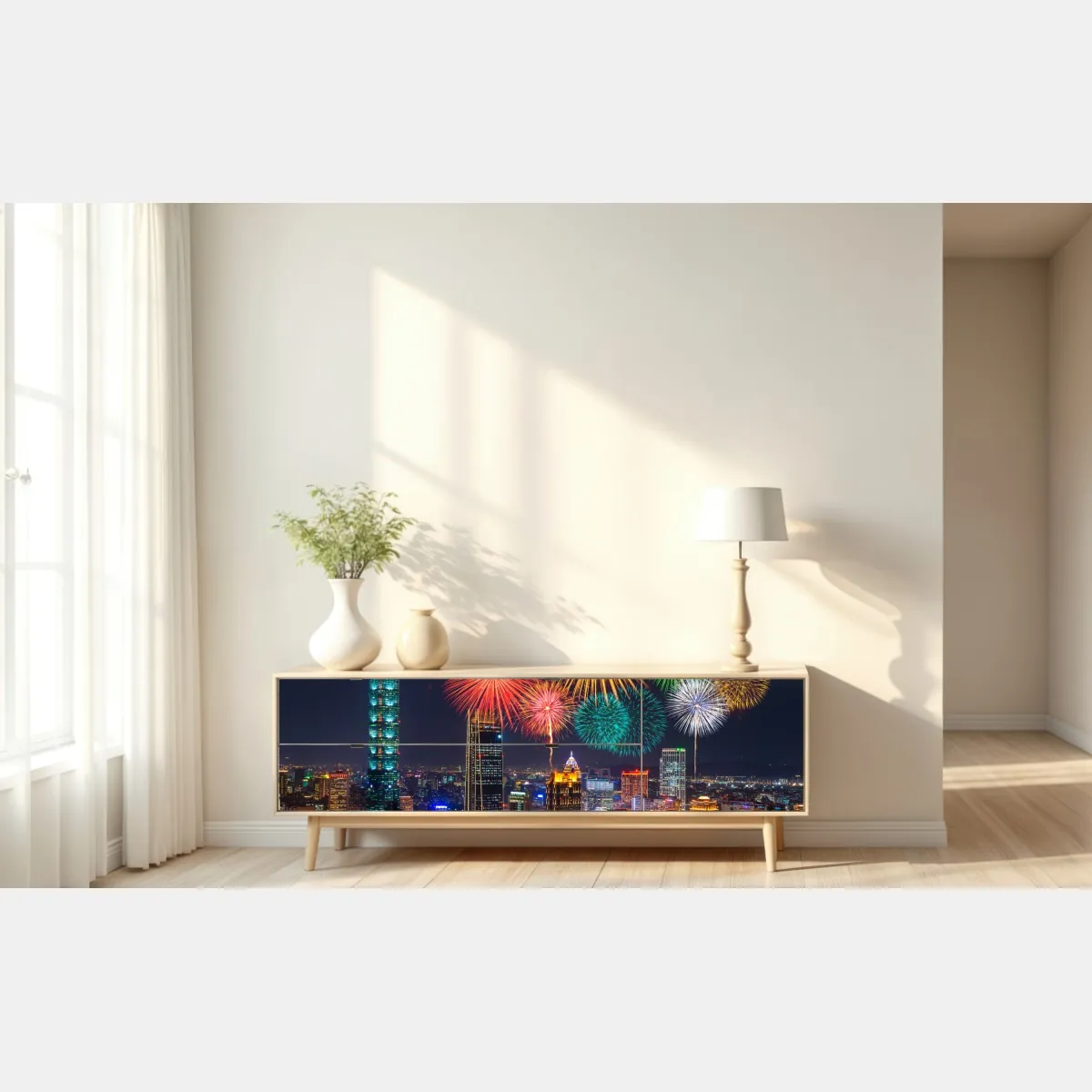 Naklejka repozycjonowalna Tajpej fajerwerki nad panoramą miasta – Wallissimo® Naklejka repozycjonowalna Tajpej fajerwerki nad panoramą miasta – Wallissimo®