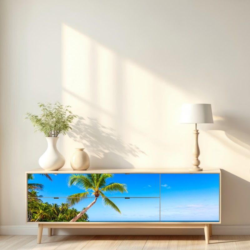 Naklejka repozycjonowalna tropikalna plaża z palmą – Wallissimo® Naklejka repozycjonowalna tropikalna plaża z palmą – Wallissimo®