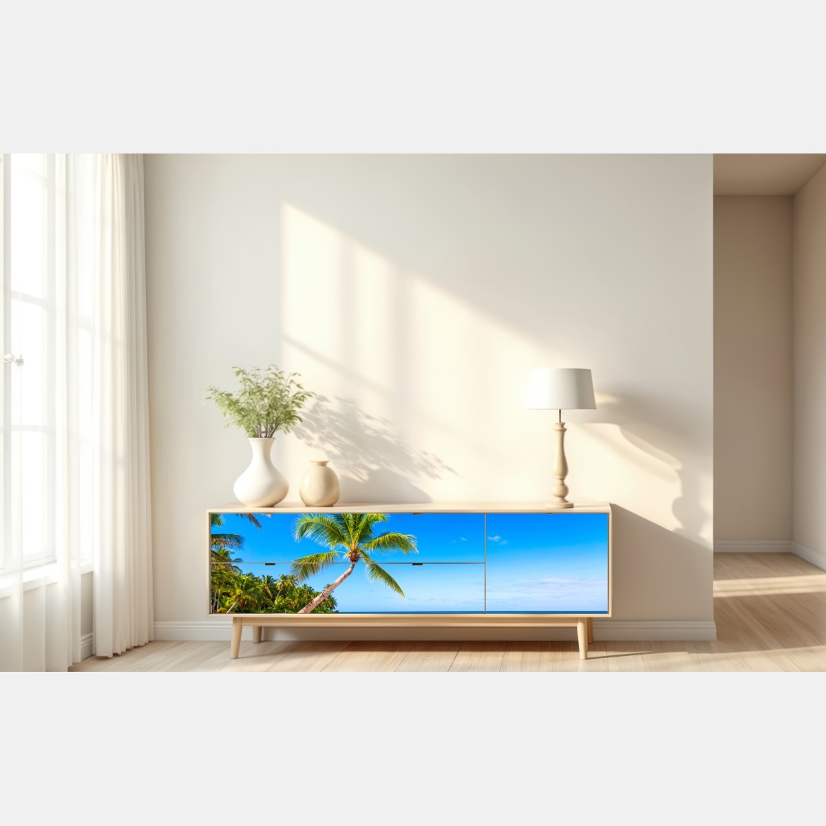 Naklejka repozycjonowalna tropikalna plaża z palmą – Wallissimo® Naklejka repozycjonowalna tropikalna plaża z palmą – Wallissimo®