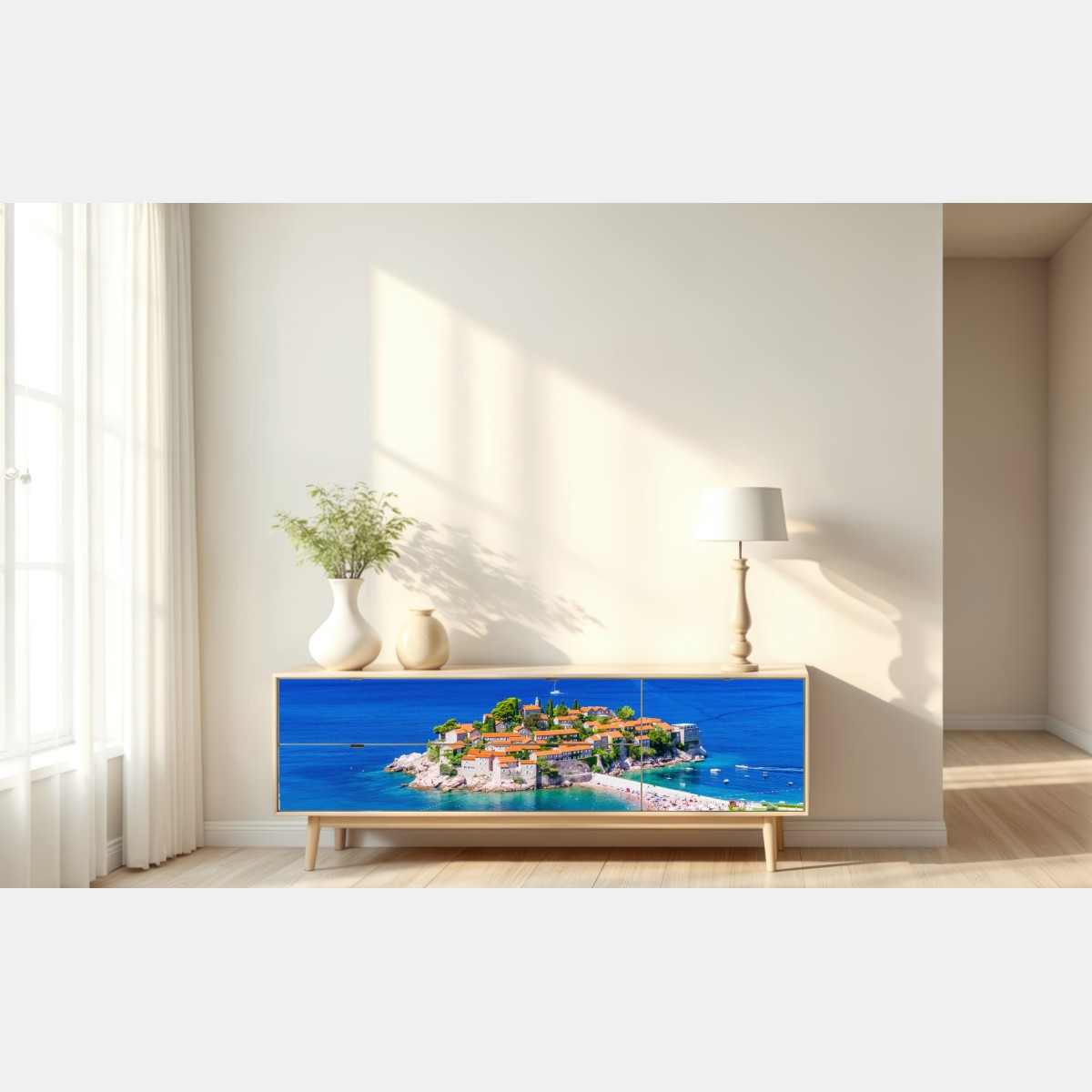 Naklejka repozycjonowalna Sveti Stefan, Czarnogóra historyczny kurort na wyspie – Wallissimo® Naklejka repozycjonowalna Sveti Stefan, Czarnogóra historyczny kurort na wyspie – Wallissimo®