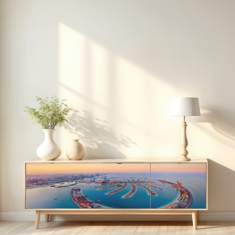 Naklejka repozycjonowalna zachód słońca nad Palm Jumeirah widok z lotu ptaka – Wallissimo® Naklejka repozycjonowalna zachód słońca nad Palm Jumeirah widok z lotu ptaka – Wallissimo®