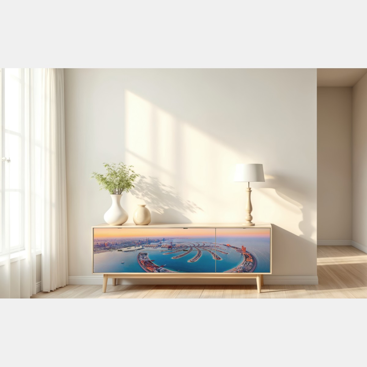 Naklejka repozycjonowalna zachód słońca nad Palm Jumeirah widok z lotu ptaka – Wallissimo® Naklejka repozycjonowalna zachód słońca nad Palm Jumeirah widok z lotu ptaka – Wallissimo®