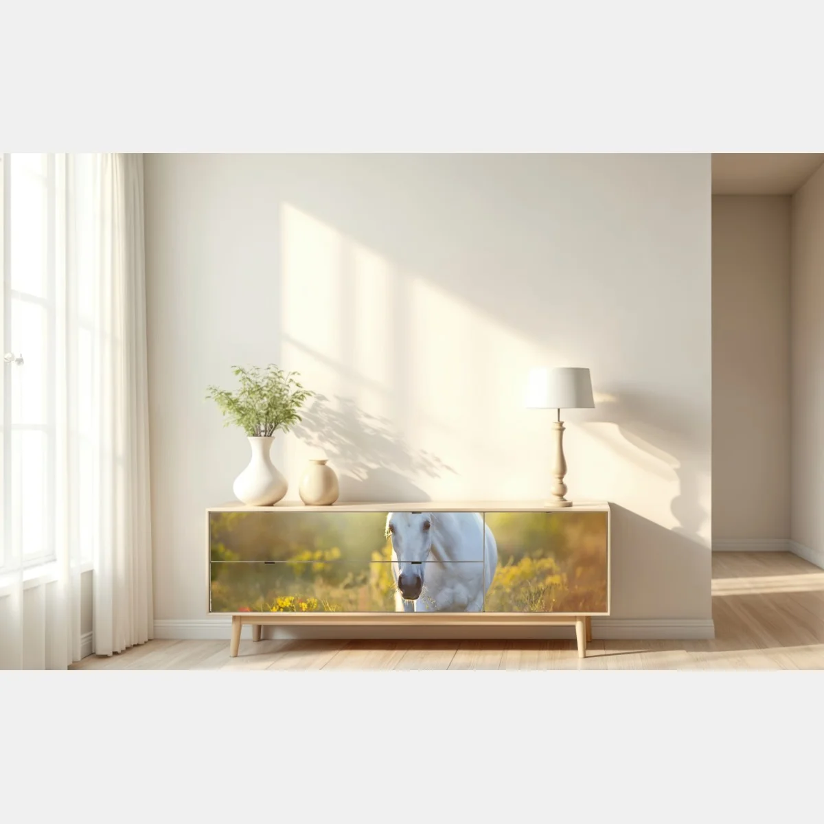 Naklejka repozycjonowalna biały koń na łące maków o wschodzie słońca – Wallissimo® Naklejka repozycjonowalna biały koń na łące maków o wschodzie słońca – Wallissimo®