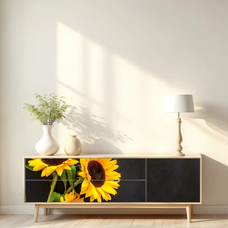Naklejka repozycjonowalna bukiet słoneczników na czarnym tle – Wallissimo® Naklejka repozycjonowalna bukiet słoneczników na czarnym tle – Wallissimo®