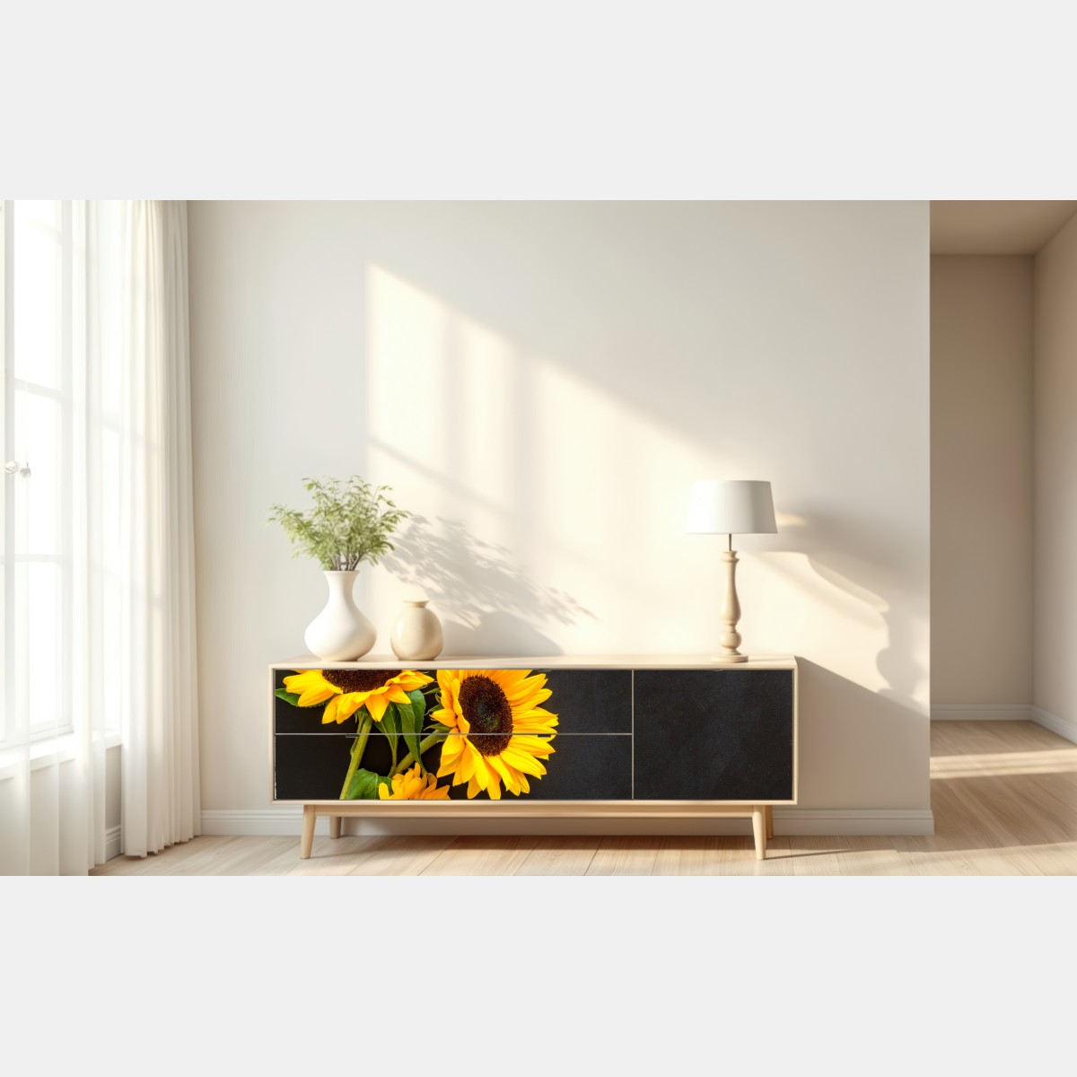 Naklejka repozycjonowalna bukiet słoneczników na czarnym tle – Wallissimo® Naklejka repozycjonowalna bukiet słoneczników na czarnym tle – Wallissimo®