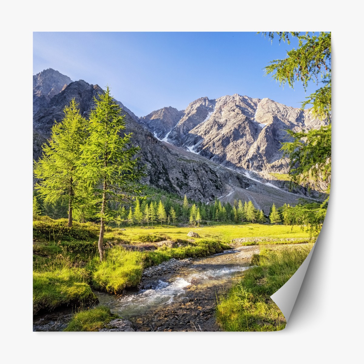 Repositionable sticker alpine mountain meadow with stream