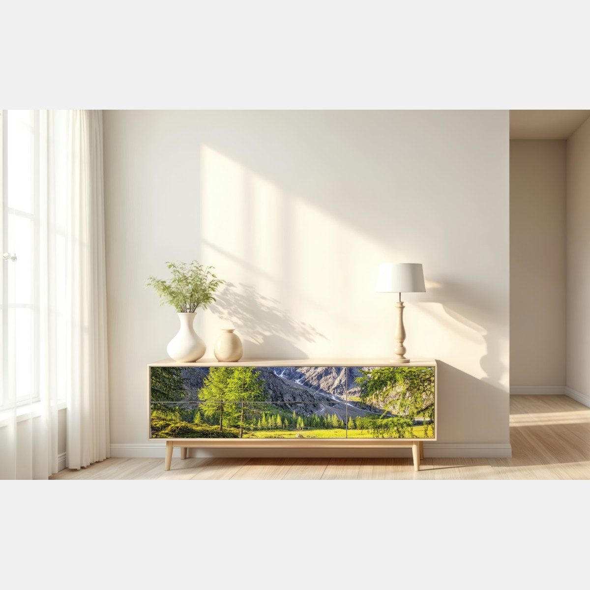 Naklejka repozycjonowalna alpejska łąka z górskim strumieniem – Wallissimo® Naklejka repozycjonowalna alpejska łąka z górskim strumieniem – Wallissimo®