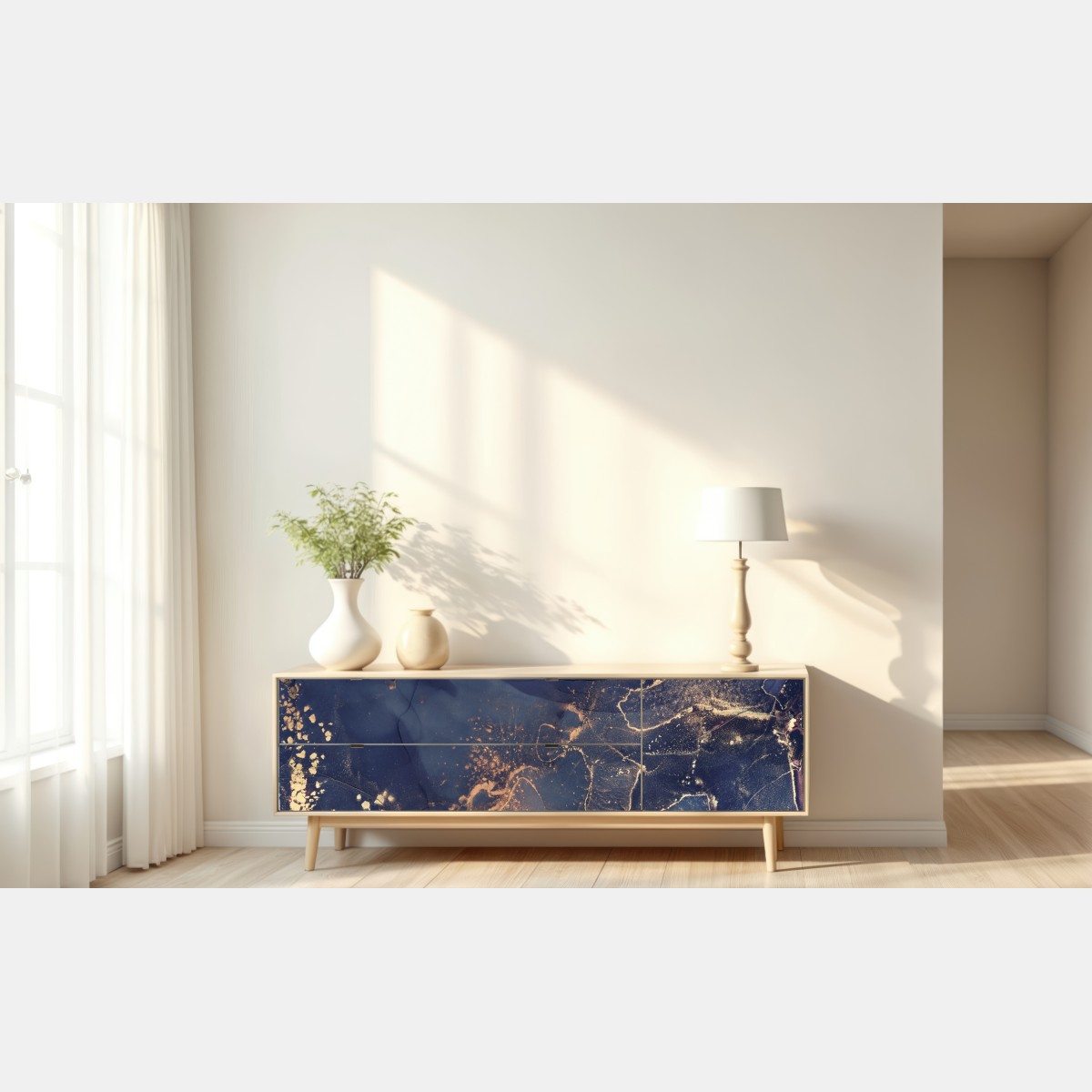 Naklejka repozycjonowalna granatowa marmurowa abstrakcja ze złotymi żyłkami – Wallissimo® Naklejka repozycjonowalna granatowa marmurowa abstrakcja ze złotymi żyłkami – Wallissimo®