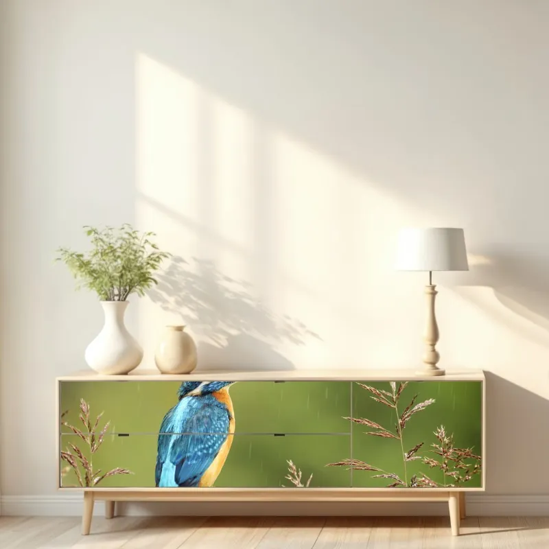 Naklejka repozycjonowalna żywy zimorodek w deszczu – Wallissimo® Naklejka repozycjonowalna żywy zimorodek w deszczu – Wallissimo®