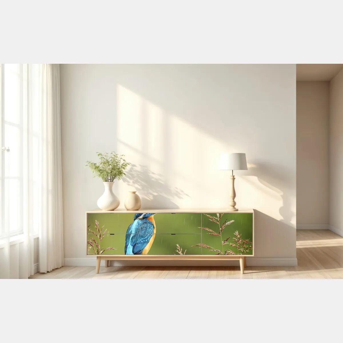 Naklejka repozycjonowalna żywy zimorodek w deszczu – Wallissimo® Naklejka repozycjonowalna żywy zimorodek w deszczu – Wallissimo®