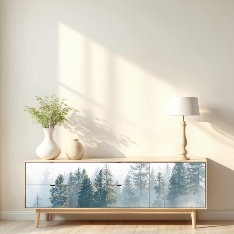 Naklejka repozycjonowalna mglisty las świerków o poranku – Wallissimo® Naklejka repozycjonowalna mglisty las świerków o poranku – Wallissimo®