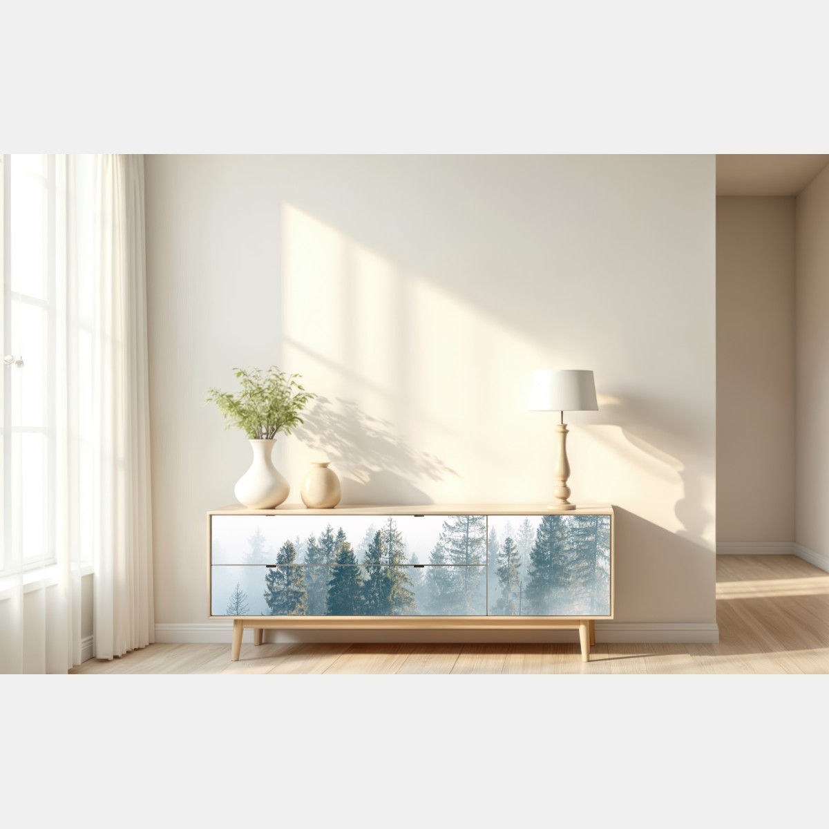 Naklejka repozycjonowalna mglisty las świerków o poranku – Wallissimo® Naklejka repozycjonowalna mglisty las świerków o poranku – Wallissimo®