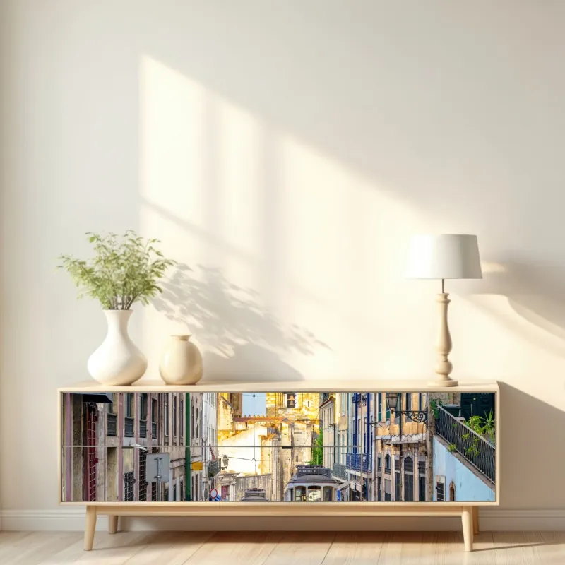 Naklejka repozycjonowalna słoneczne tramwaje na zabytkowej ulicy Lizbony – Wallissimo® Naklejka repozycjonowalna słoneczne tramwaje na zabytkowej ulicy Lizbony – Wallissimo®