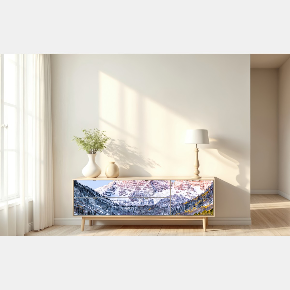 Naklejka repozycjonowalna śnieżny poranek w górach nad jeziorem – Wallissimo® Naklejka repozycjonowalna śnieżny poranek w górach nad jeziorem – Wallissimo®