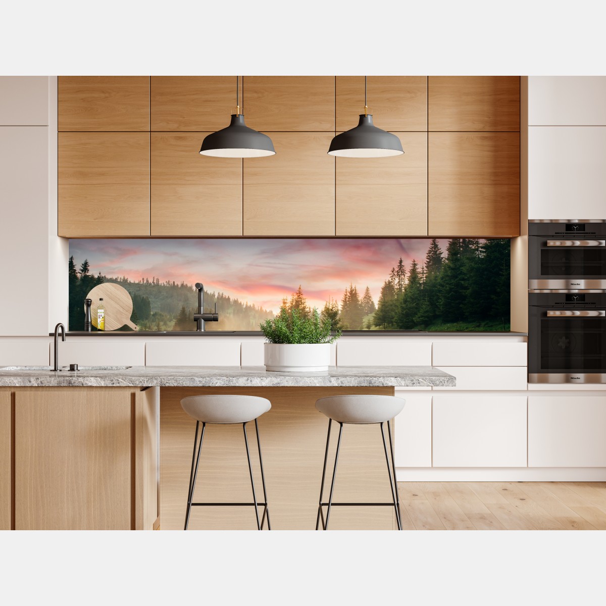 Naklejka repozycjonowalna mglisty zachód słońca w sosnowym lesie – Wallissimo® Naklejka repozycjonowalna mglisty zachód słońca w sosnowym lesie – Wallissimo®