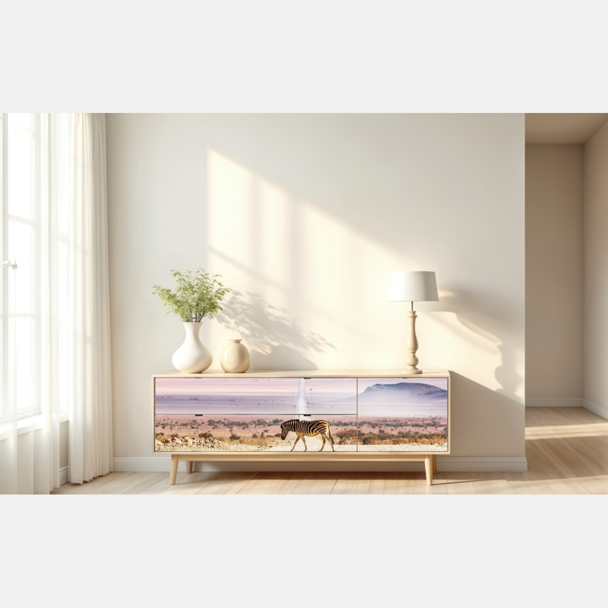 Naklejka repozycjonowalna zebra na pustynnej drodze – Wallissimo® Naklejka repozycjonowalna zebra na pustynnej drodze – Wallissimo®