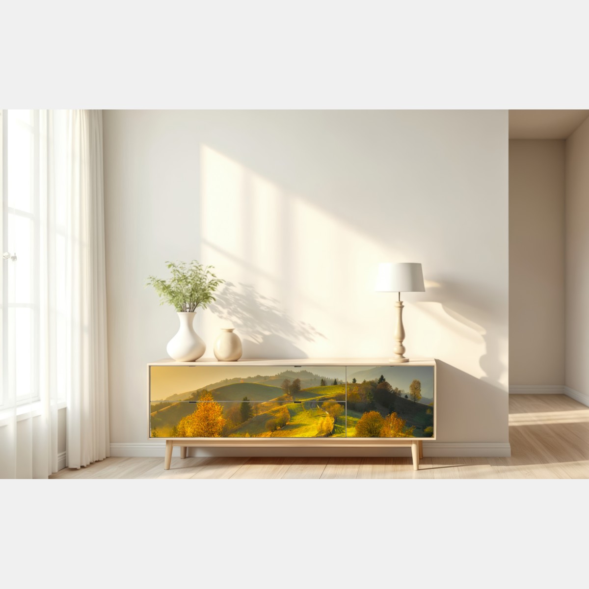Naklejka repozycjonowalna złote jesienne wzgórza o zachodzie słońca – Wallissimo® Naklejka repozycjonowalna złote jesienne wzgórza o zachodzie słońca – Wallissimo®