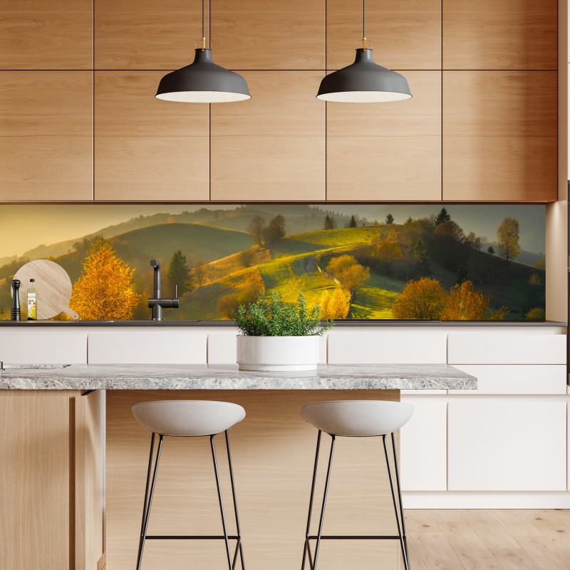 Naklejka repozycjonowalna złote jesienne wzgórza o zachodzie słońca – Wallissimo® Naklejka repozycjonowalna złote jesienne wzgórza o zachodzie słońca – Wallissimo®