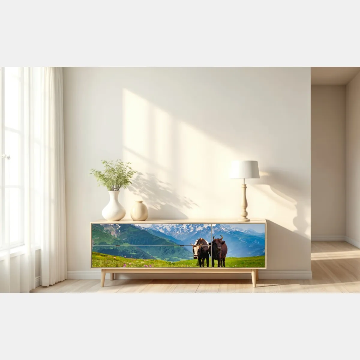 Naklejka repozycjonowalna alpejska łąka z pasącymi się krowami – Wallissimo® Naklejka repozycjonowalna alpejska łąka z pasącymi się krowami – Wallissimo®