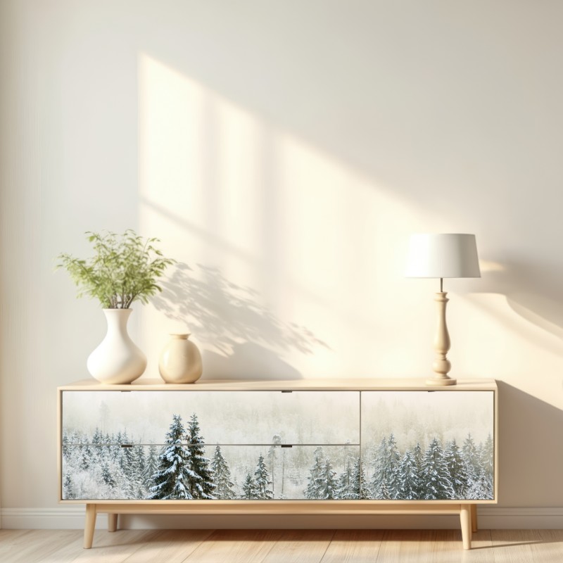 Naklejka repozycjonowalna zimowy las w delikatnej mgle – Wallissimo® Naklejka repozycjonowalna zimowy las w delikatnej mgle – Wallissimo®