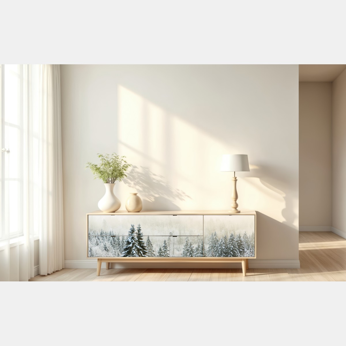 Naklejka repozycjonowalna zimowy las w delikatnej mgle – Wallissimo® Naklejka repozycjonowalna zimowy las w delikatnej mgle – Wallissimo®