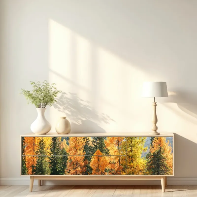 Naklejka repozycjonowalna złoty jesienny las modrzewiowy – Wallissimo® Naklejka repozycjonowalna złoty jesienny las modrzewiowy – Wallissimo®