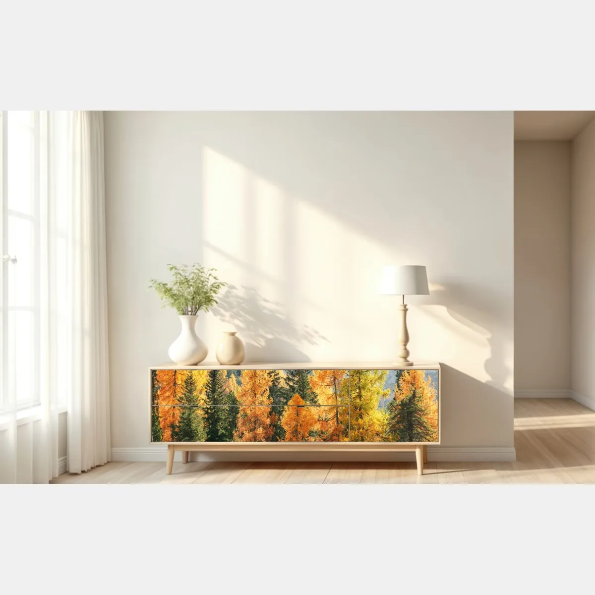 Naklejka repozycjonowalna złoty jesienny las modrzewiowy – Wallissimo® Naklejka repozycjonowalna złoty jesienny las modrzewiowy – Wallissimo®