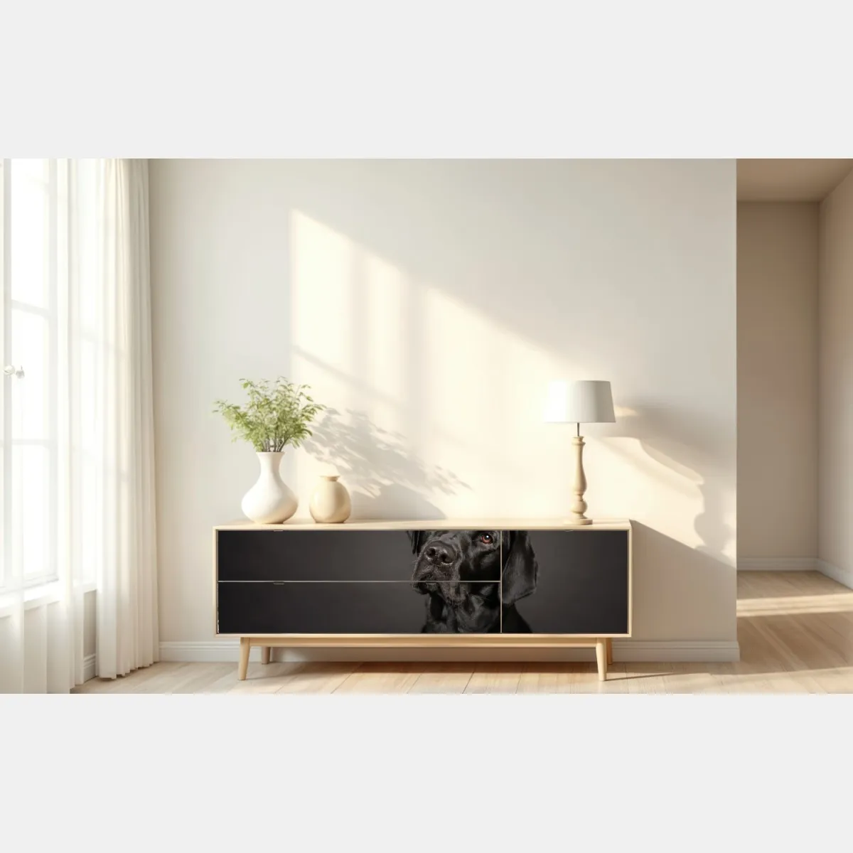 Naklejka repozycjonowalna portret studyjny czarnego labradora – Wallissimo® Naklejka repozycjonowalna portret studyjny czarnego labradora – Wallissimo®