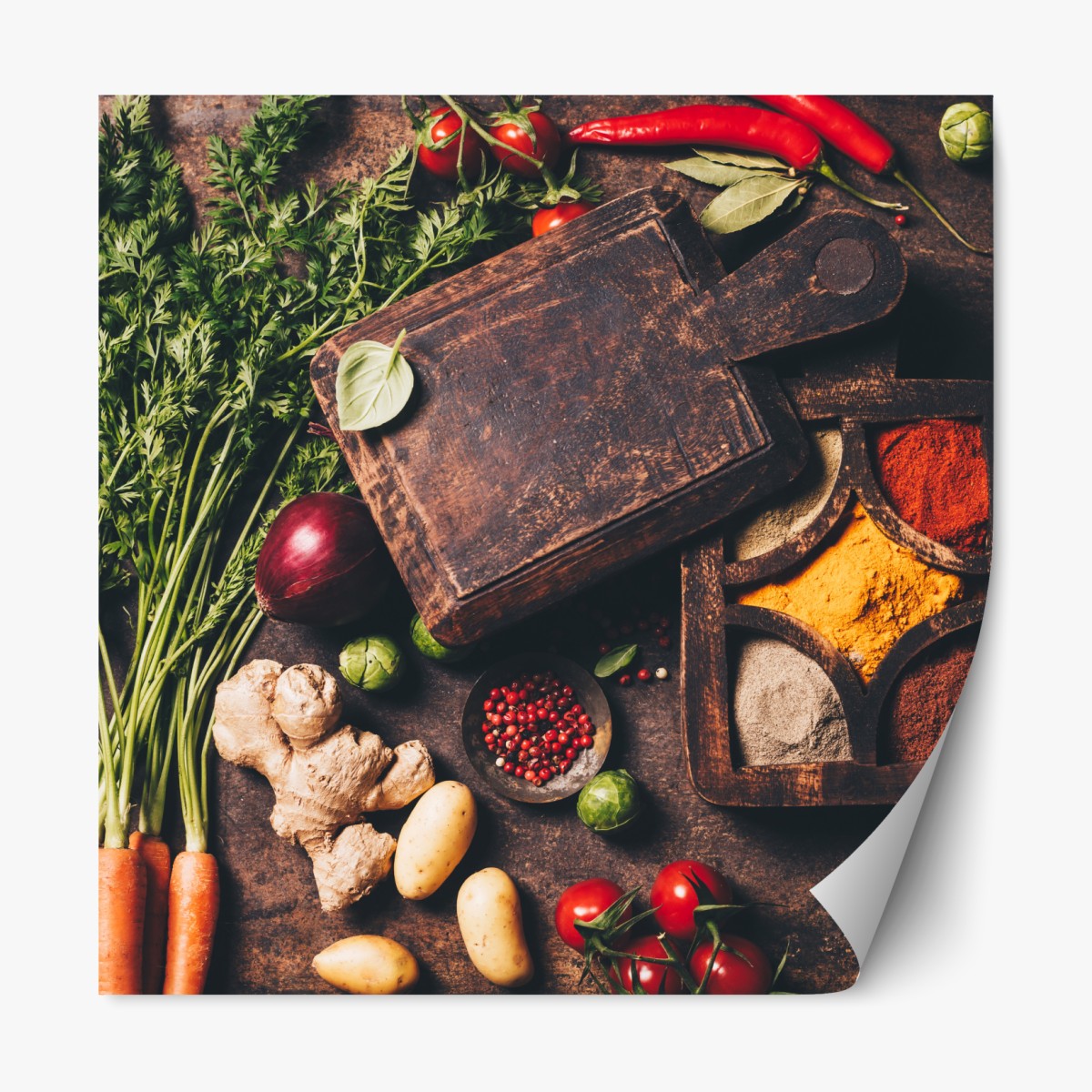 Repositionable sticker rustic spices and fresh vegetables flatlay