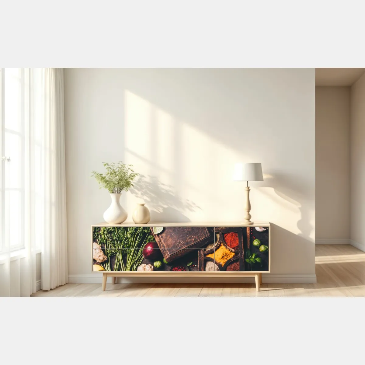 Naklejka repozycjonowalna rustykalna kompozycja przypraw i świeżych warzyw – Wallissimo® Naklejka repozycjonowalna rustykalna kompozycja przypraw i świeżych warzyw – Wallissimo®