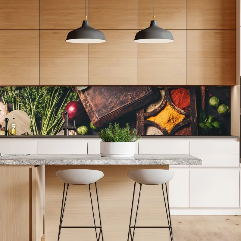 Naklejka repozycjonowalna rustykalna kompozycja przypraw i świeżych warzyw – Wallissimo® Naklejka repozycjonowalna rustykalna kompozycja przypraw i świeżych warzyw – Wallissimo®