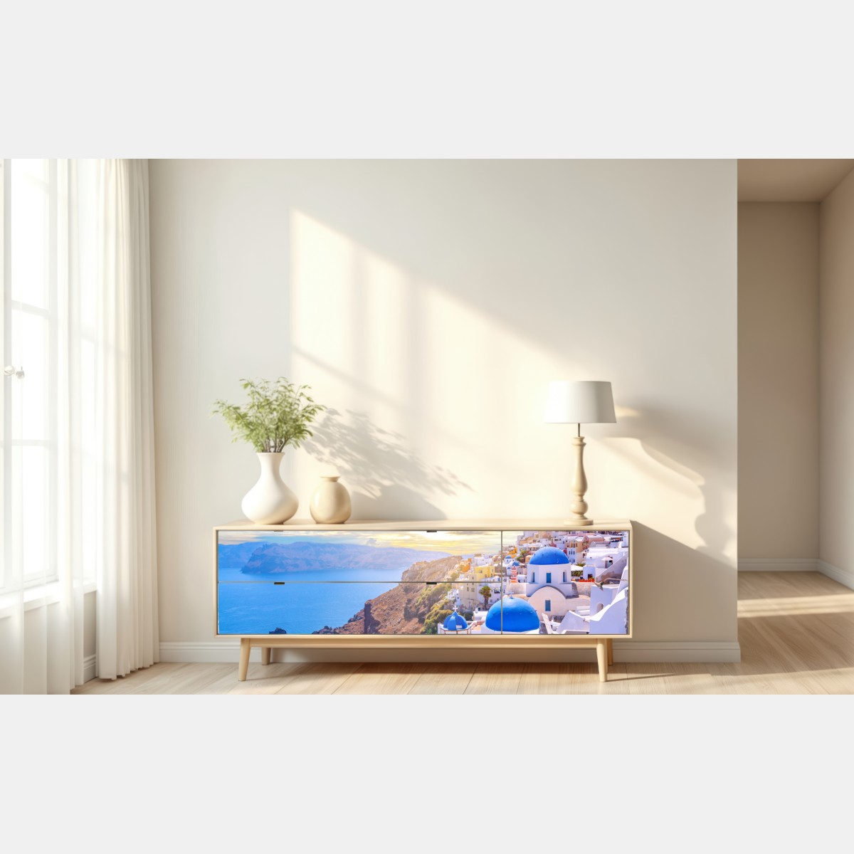 Naklejka repozycjonowalna słoneczna wieś Oia na kalderze Santorini – Wallissimo® Naklejka repozycjonowalna słoneczna wieś Oia na kalderze Santorini – Wallissimo®