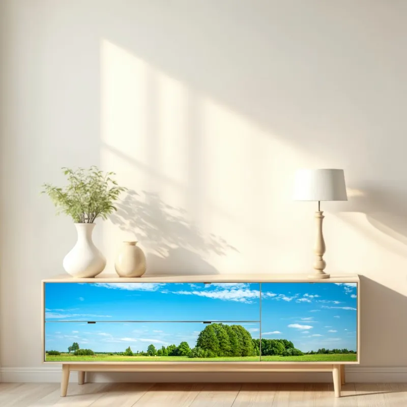 Naklejka repozycjonowalna słoneczna zielona łąka pod niebieskim niebem – Wallissimo® Naklejka repozycjonowalna słoneczna zielona łąka pod niebieskim niebem – Wallissimo®