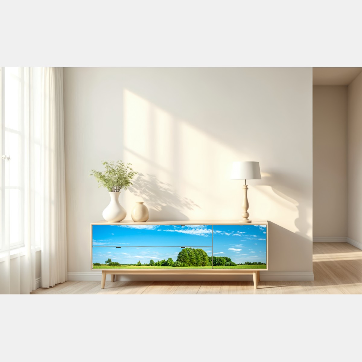 Naklejka repozycjonowalna słoneczna zielona łąka pod niebieskim niebem – Wallissimo® Naklejka repozycjonowalna słoneczna zielona łąka pod niebieskim niebem – Wallissimo®