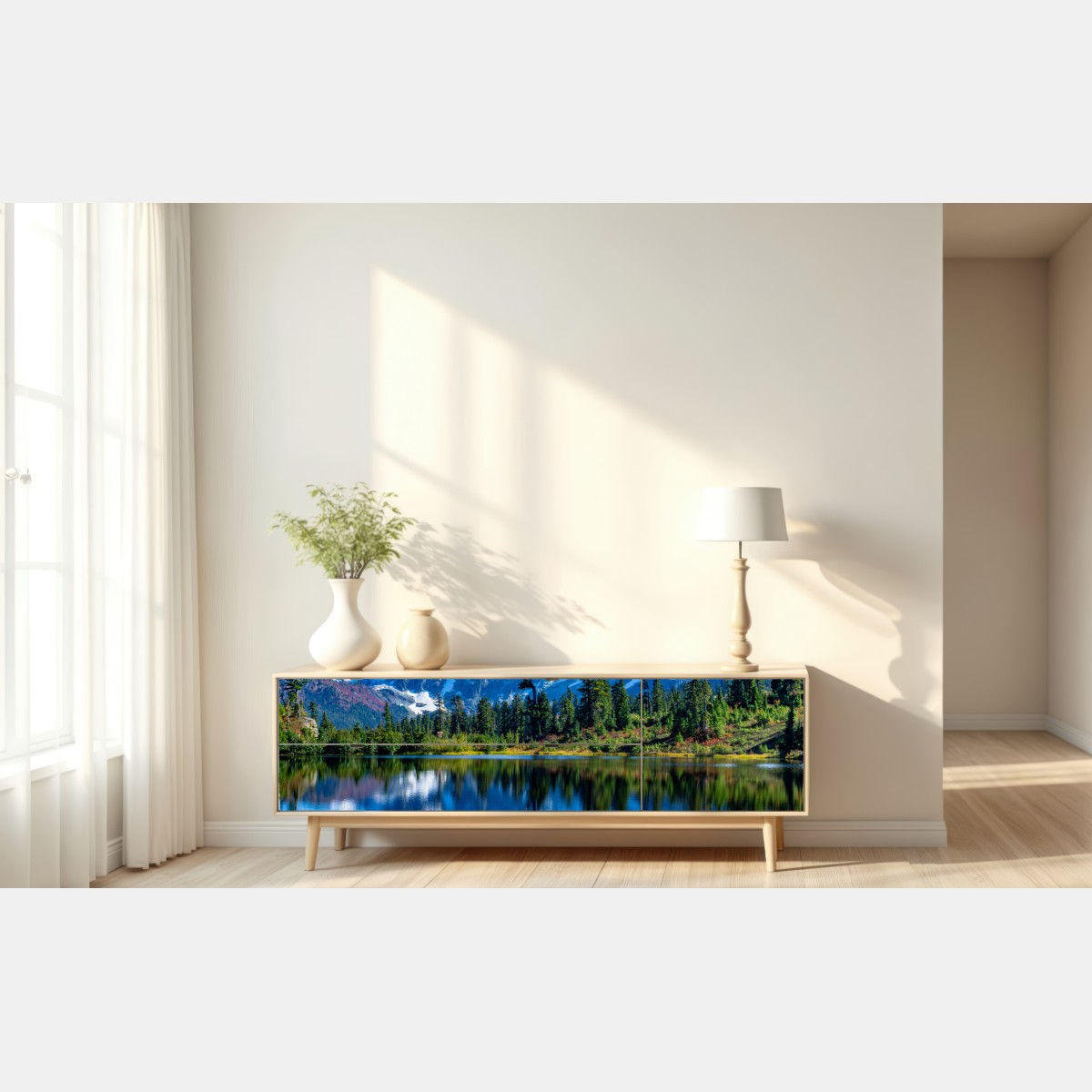 Naklejka repozycjonowalna majestatyczne odbicie gór nad jeziorem – Wallissimo® Naklejka repozycjonowalna majestatyczne odbicie gór nad jeziorem – Wallissimo®