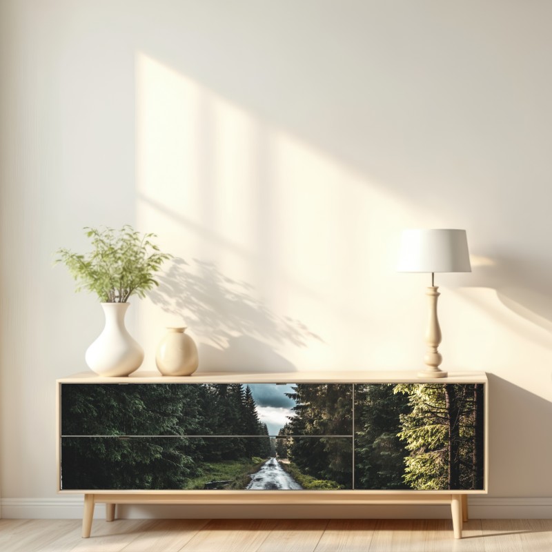 Naklejka repozycjonowalna leśna droga wśród sosen – Wallissimo® Naklejka repozycjonowalna leśna droga wśród sosen – Wallissimo®