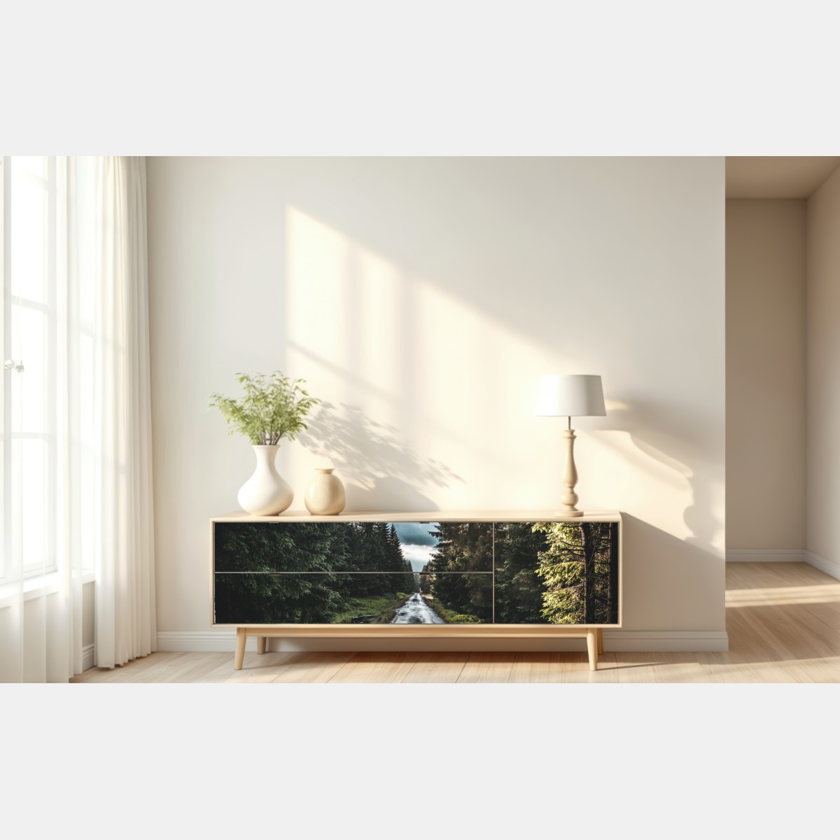 Naklejka repozycjonowalna leśna droga wśród sosen – Wallissimo® Naklejka repozycjonowalna leśna droga wśród sosen – Wallissimo®